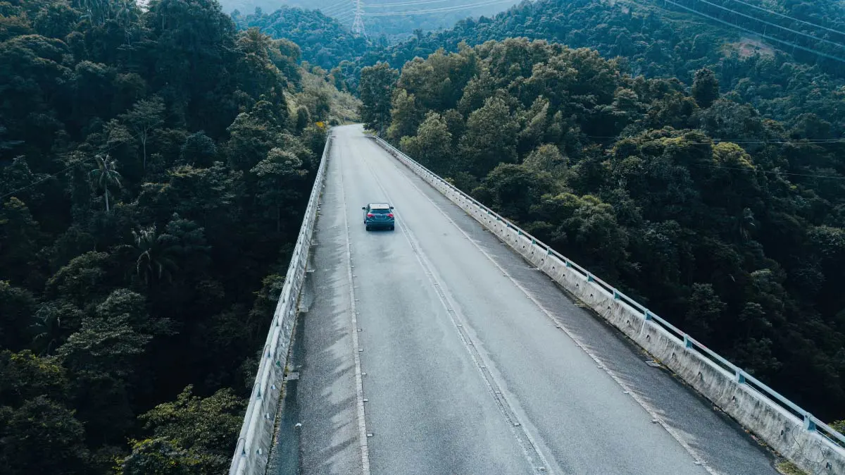 Car driving on bridge through forested area